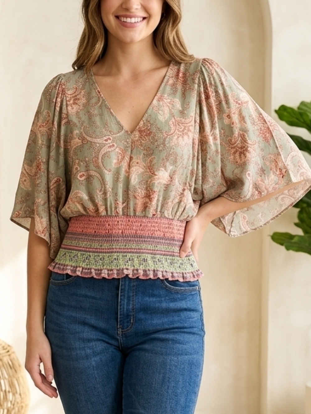 MELLODAY Paisley V-Neck Blouse in Sage and Dusty Rose